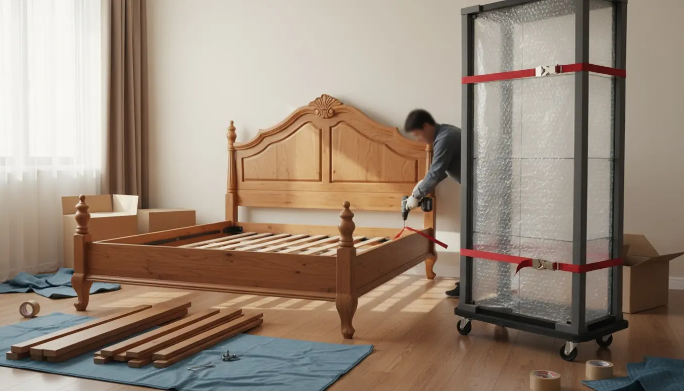 Afmontering og genopsætning af en stor seng med et forsigtigt indpakket glasmøbel klar til flytning.