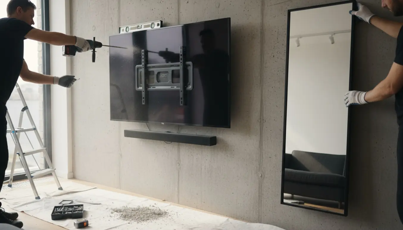 Hænder monterer en fladskærm, sort soundbar og et smalt spejl på en rå betonvæg i et lyst, moderne rum.