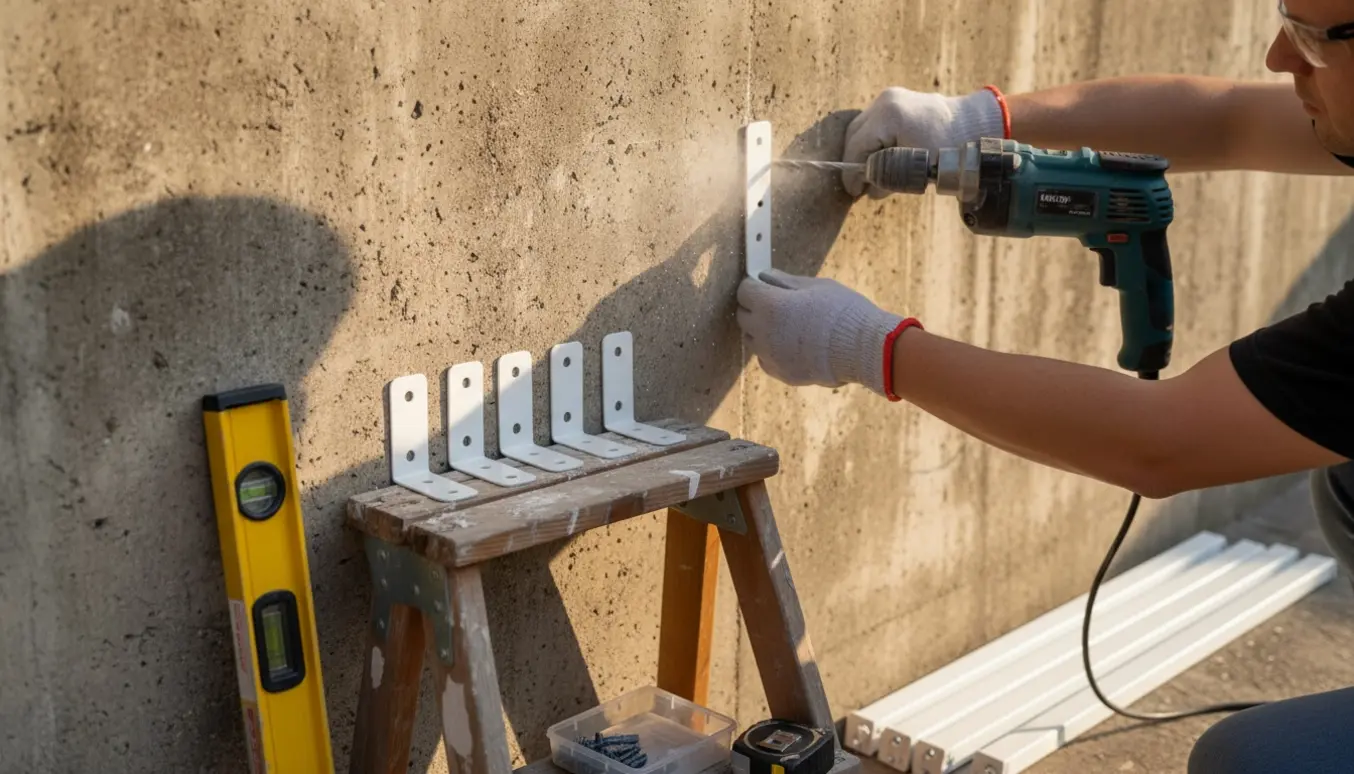 Hænder monterer tre gardinstænger på en udvendig betonmur med boremaskine og beslag.