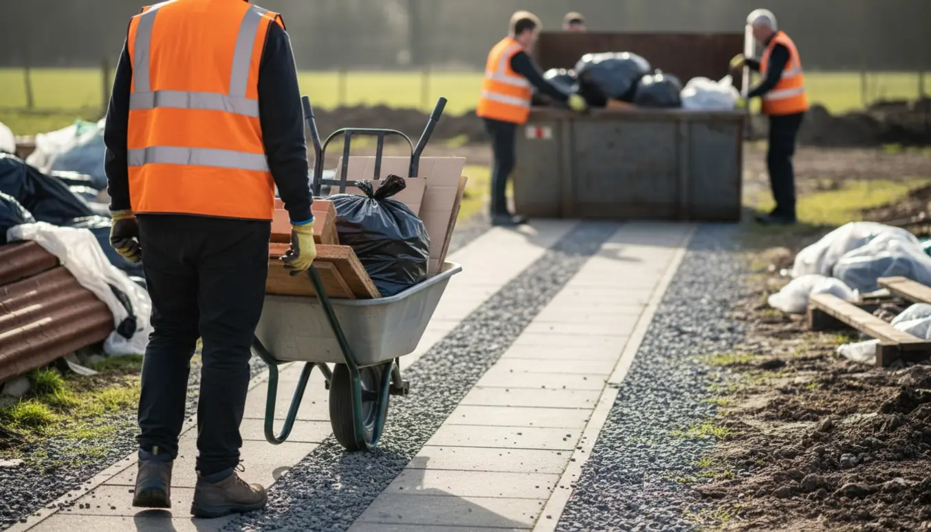Person skubber en fyldt trillebør med affald hen mod en åben container på kort afstand.