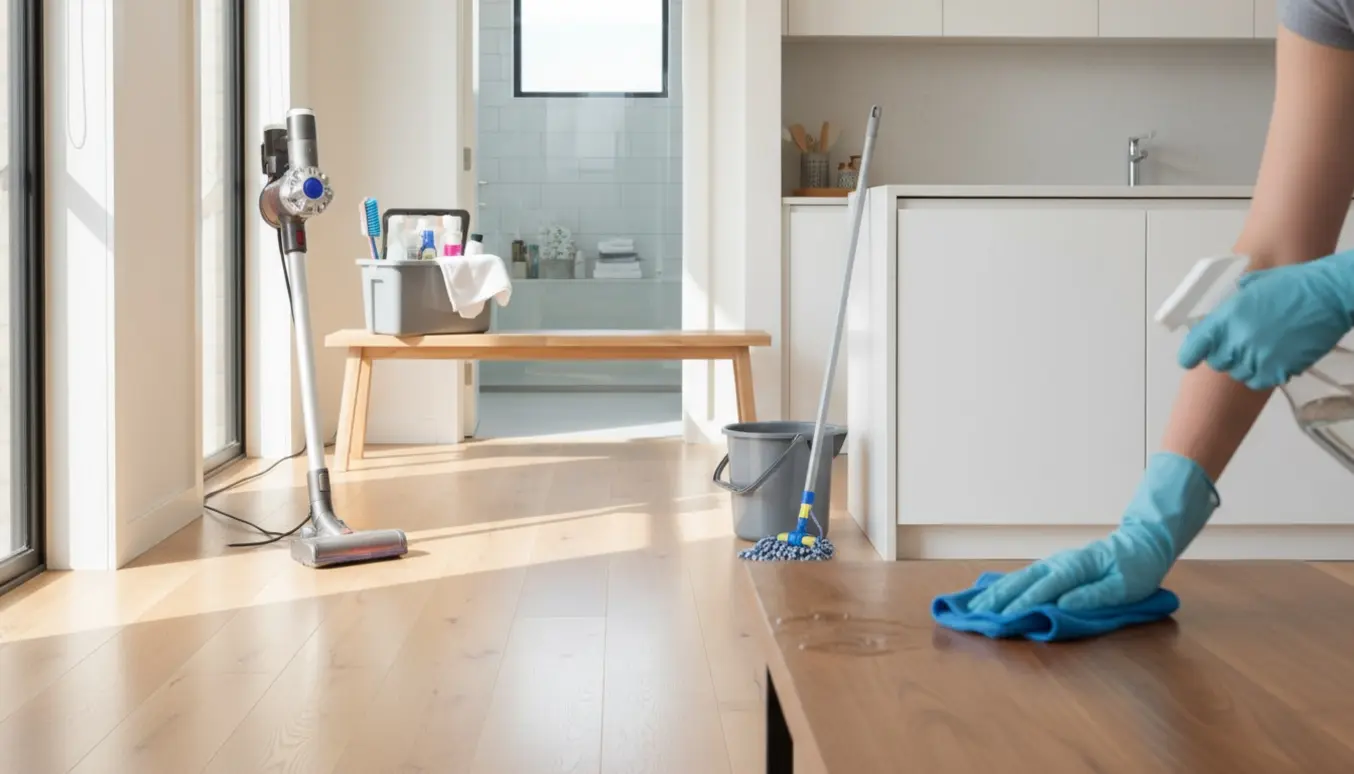 Rengøring i et lyst hjem med handsker, støvsuger, moppe og foldede håndklæder.