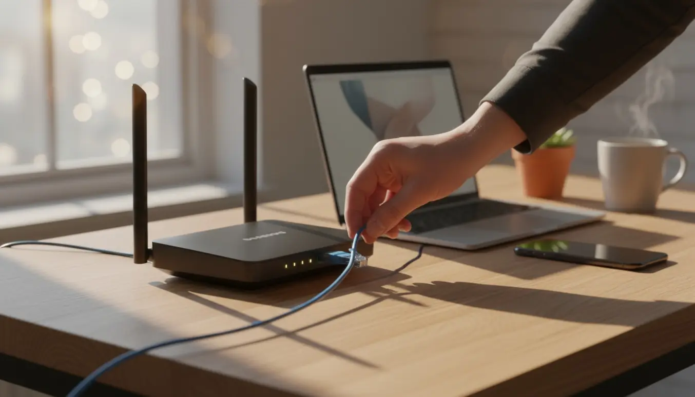 Hænder tilslutter et netværkskabel til en trådløs router ved et hjemmekontor.