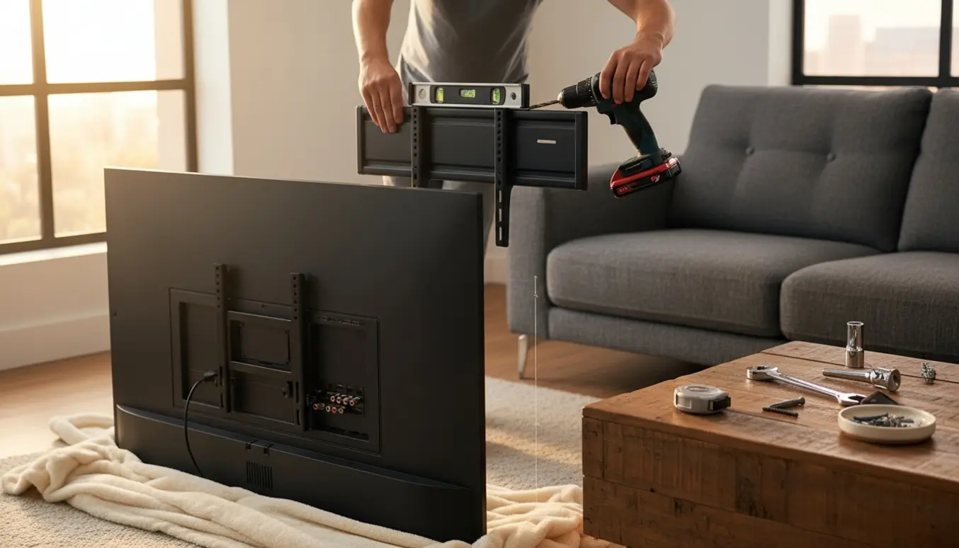 Hænder holder vægbeslag klar til montering af en 55-tommer fladskærm på væg i en stue med værktøj på bordet.