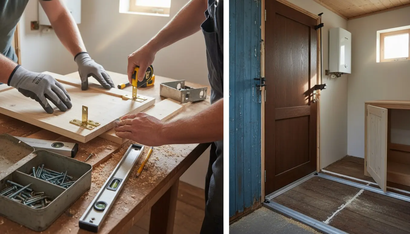 Håndværker måler og monterer nye døre og skabshængsler i et kolonihavehus.