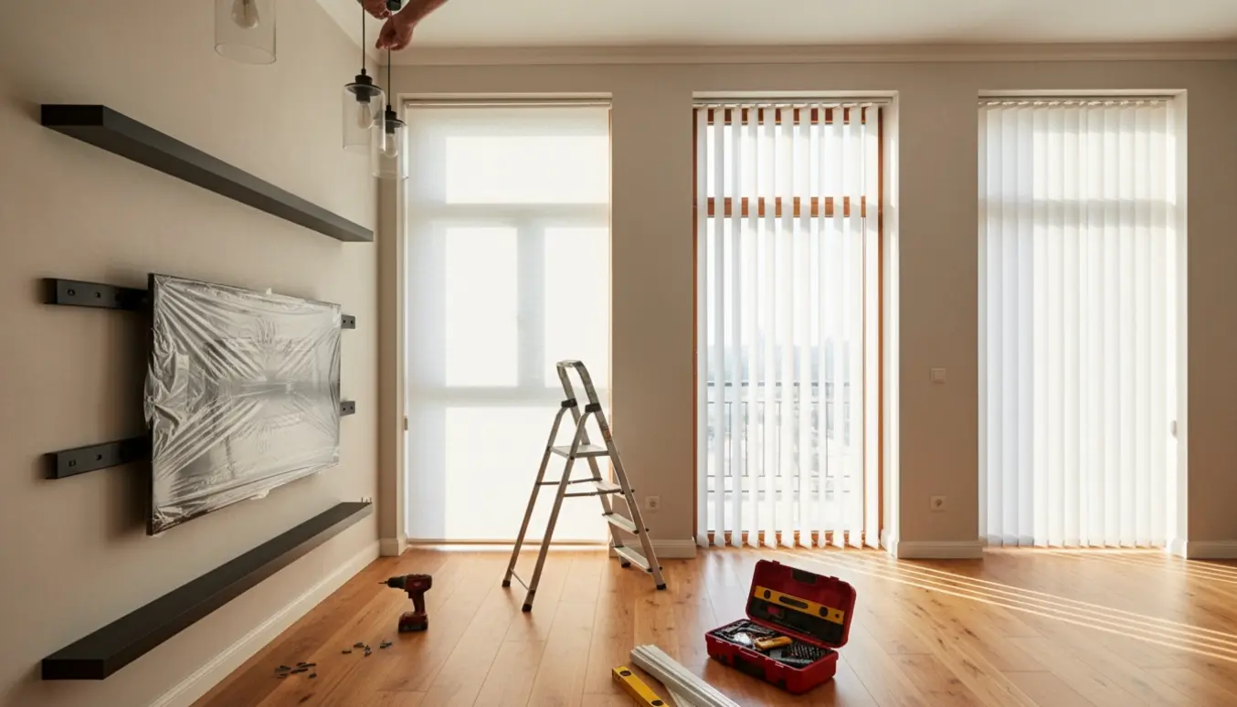 Håndværker monterer gardiner, lameller, lamper, TV og svævehylder i en lys stue.