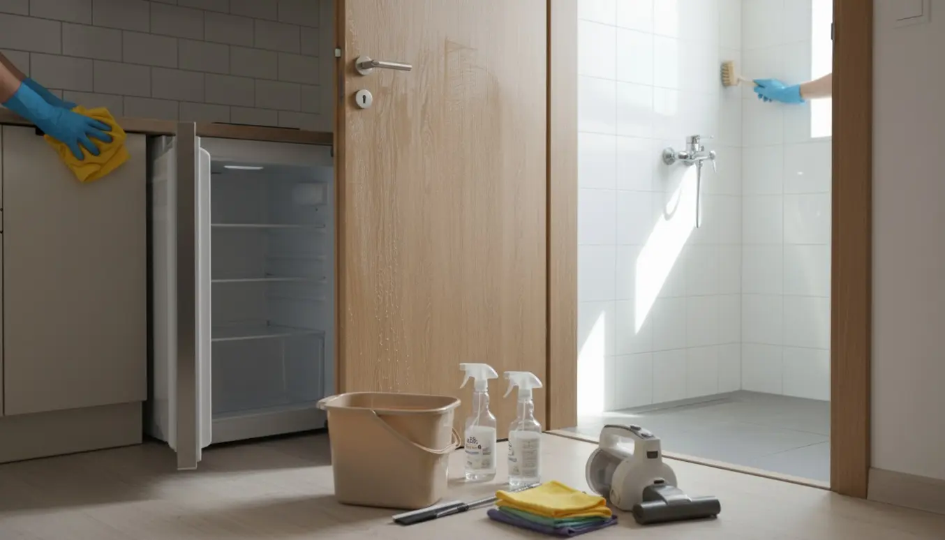 Udflytningsrengøring af køkken og badeværelse med åbne skabe, afkalket bruser og rengjort køleskab.