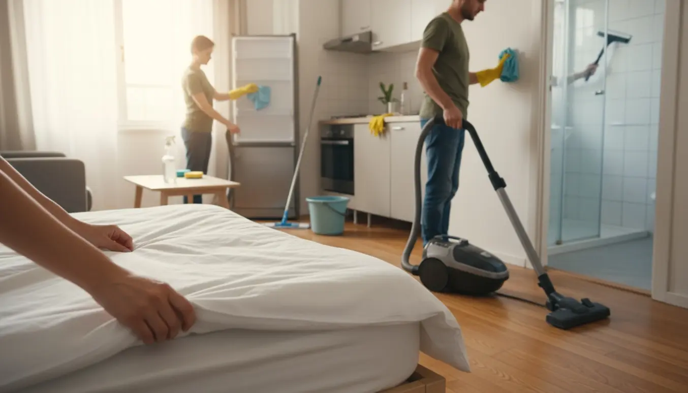 Hænder gør grundigt rent i en lille lejlighed: gulvvask og støvsugning i stuen, aftørring af køleskab og skift af sengetøj.