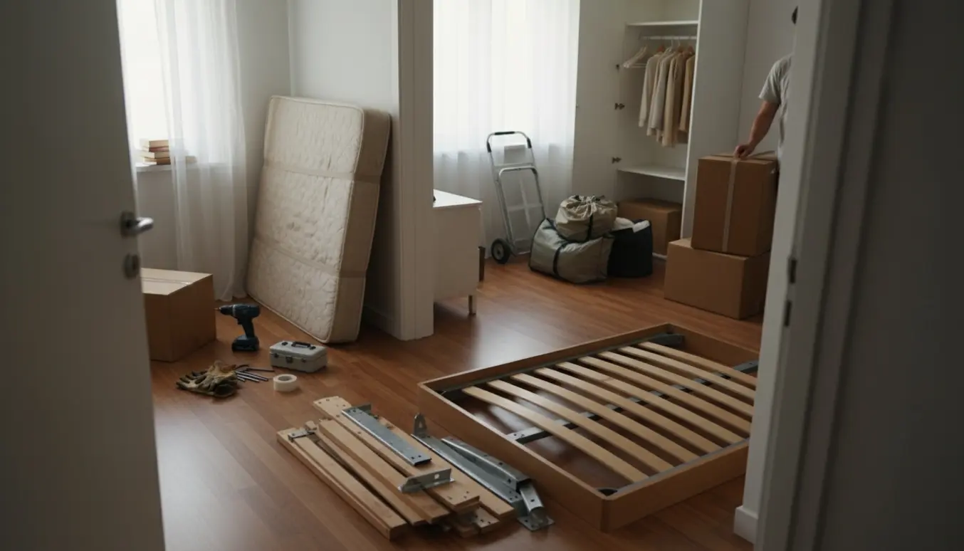 To værelser under rydning med flyttekasser, opretstående madras og adskilte sengebunddele ved siden af værktøj.