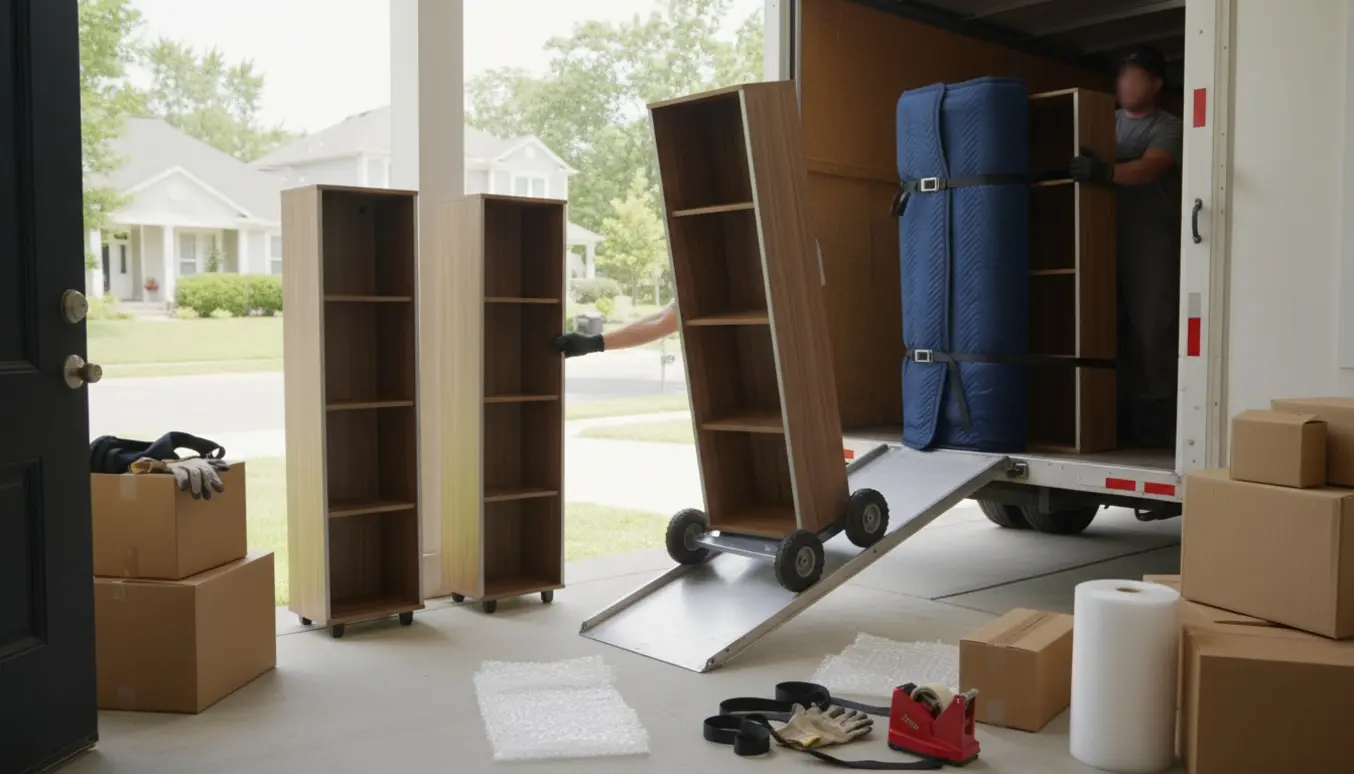 Tre smalle reoler læsses ind i en flyttevogn med dolly og flyttetæpper.