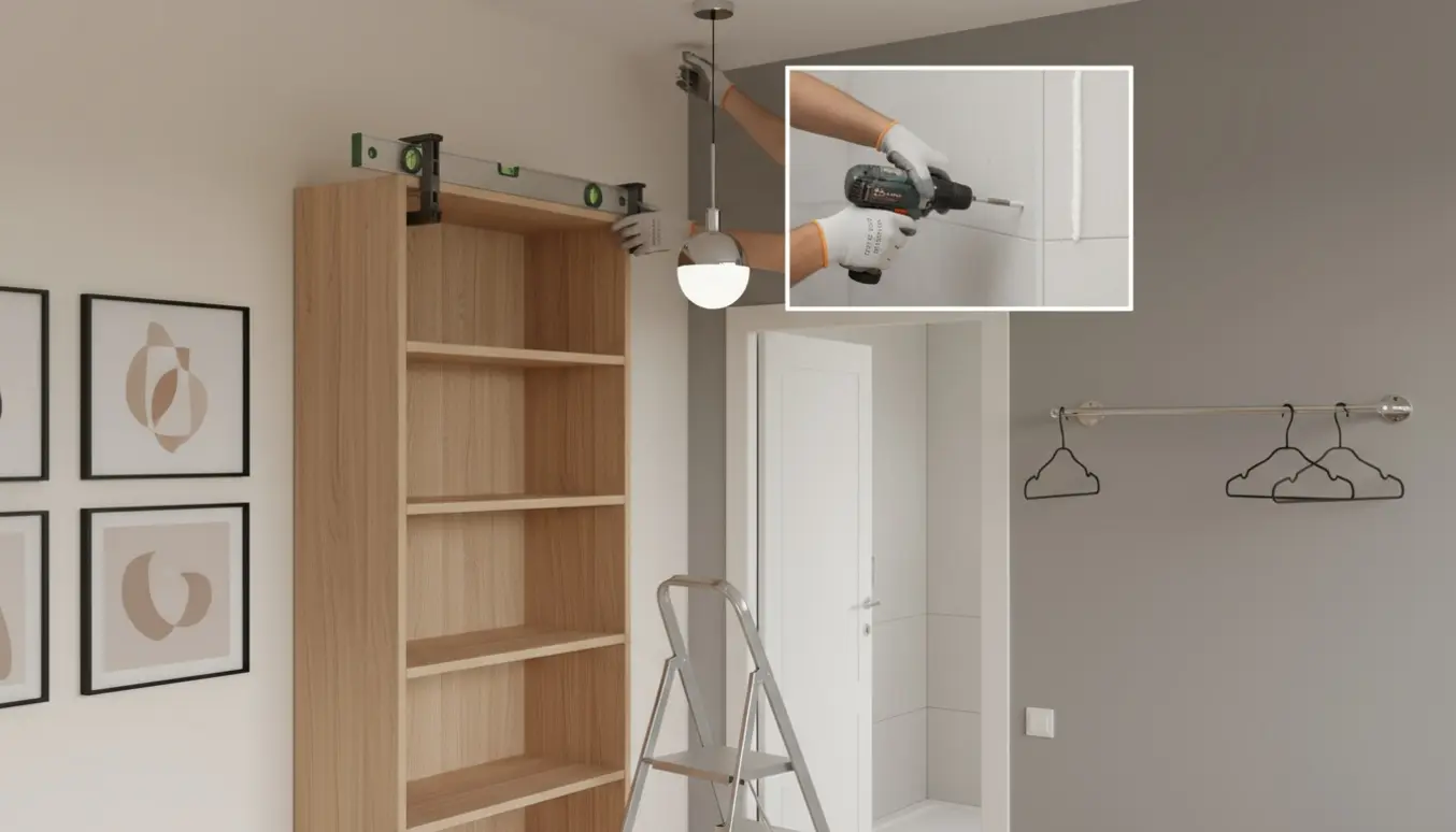 Indendørs scene med montering af reol, ophængning af billeder, loftlampe, tøjtræ og fugning af brusekabine.