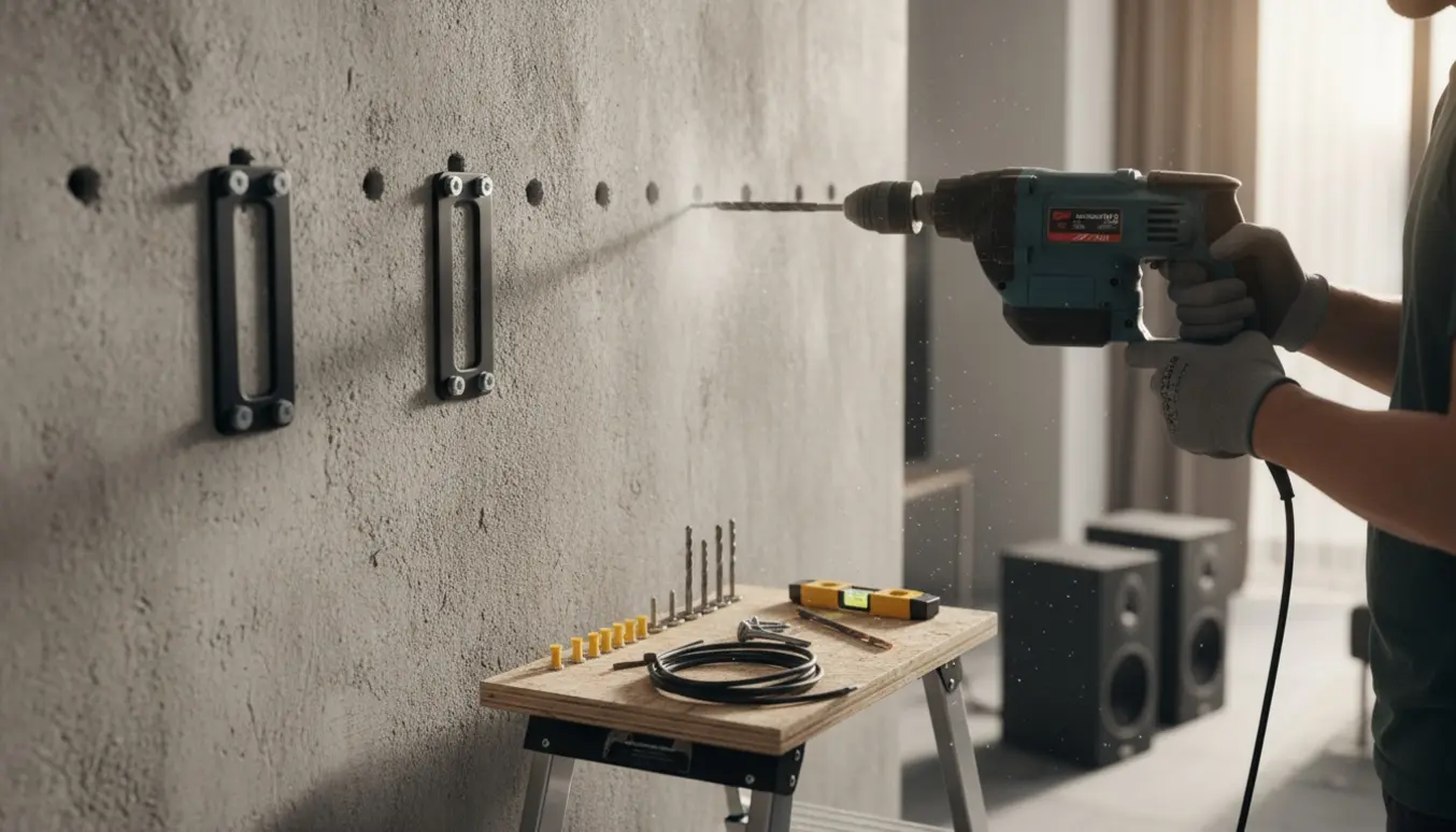 En håndværker monterer to højtalerbeslag på en betonvæg med slagboremaskine, rawlplugs og skruer.