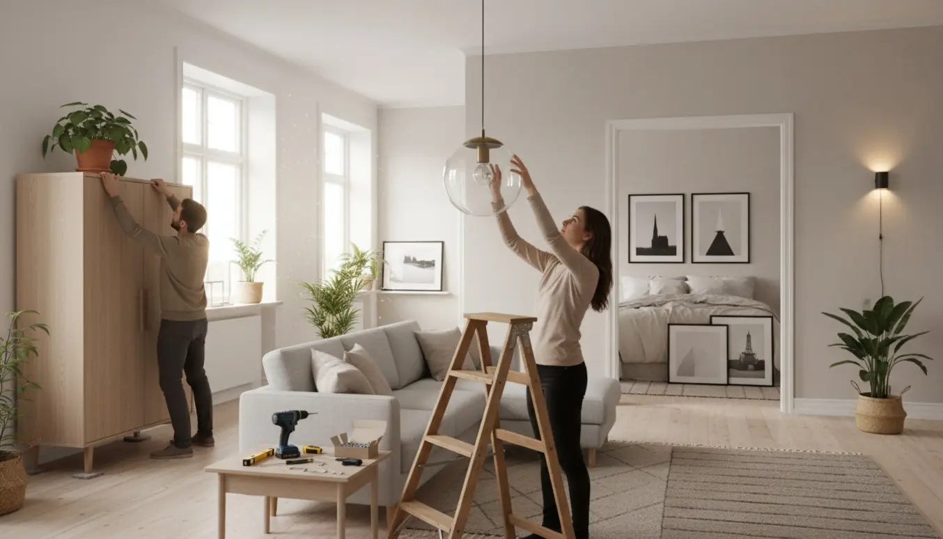 Lys stue og gang med en lampe under ophængning, flyttet garderobe, vendt chaiselong og billeder klar til ophæng.