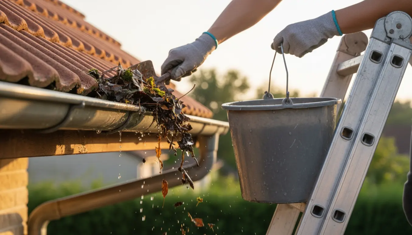 Nærbillede af handsker, der fjerner mudder, blade og mos fra en tagrende med en spand og stige.