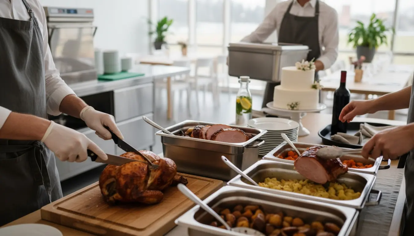 To serveringsassistenter i forklæder forbereder buffet og sætter kage op til et bryllup i en lys, moderne lokalitet.