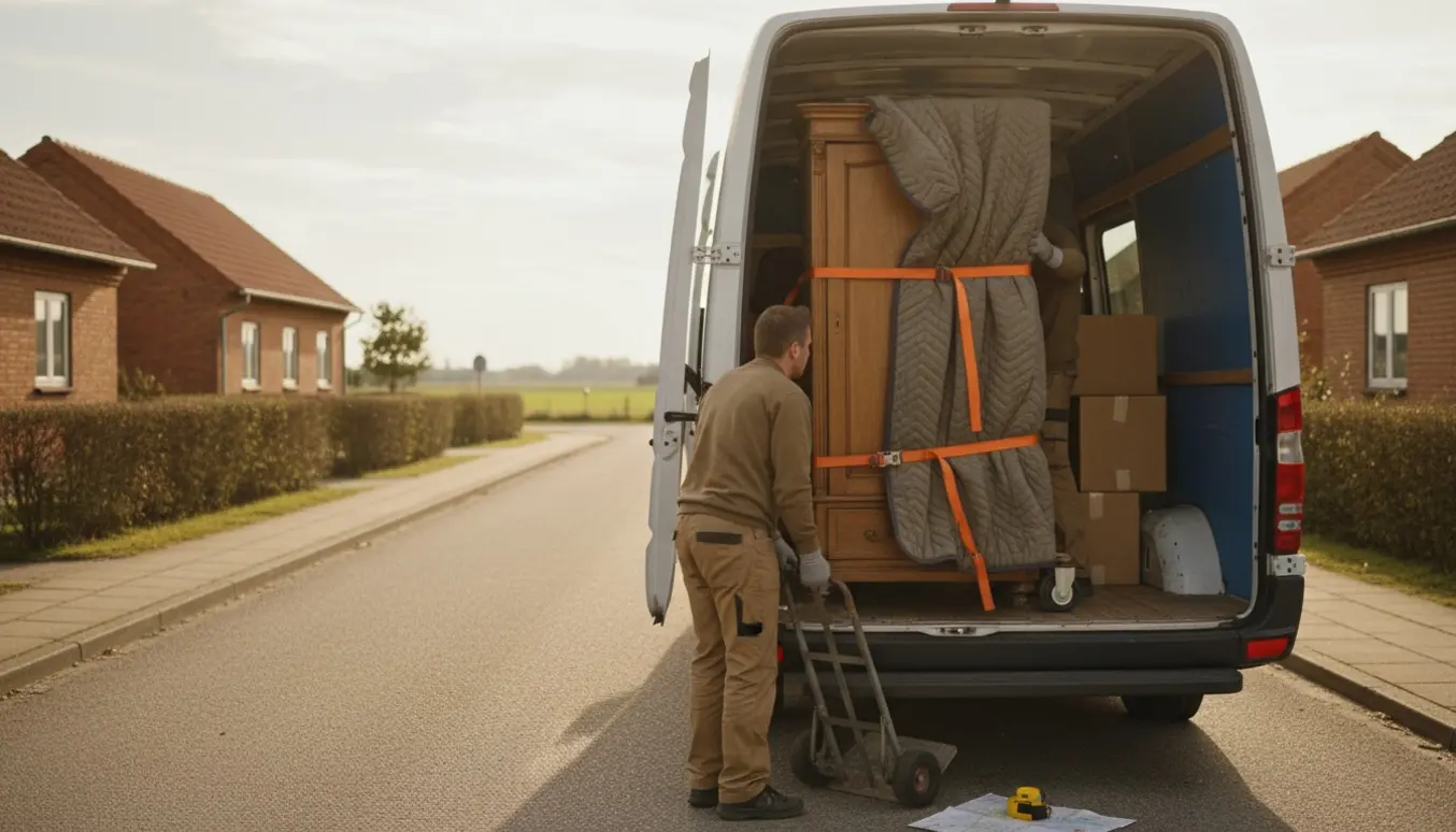 Et karlekammerskab indpakket i flyttetæpper læsses i en flyttevogn på en stille dansk vej.