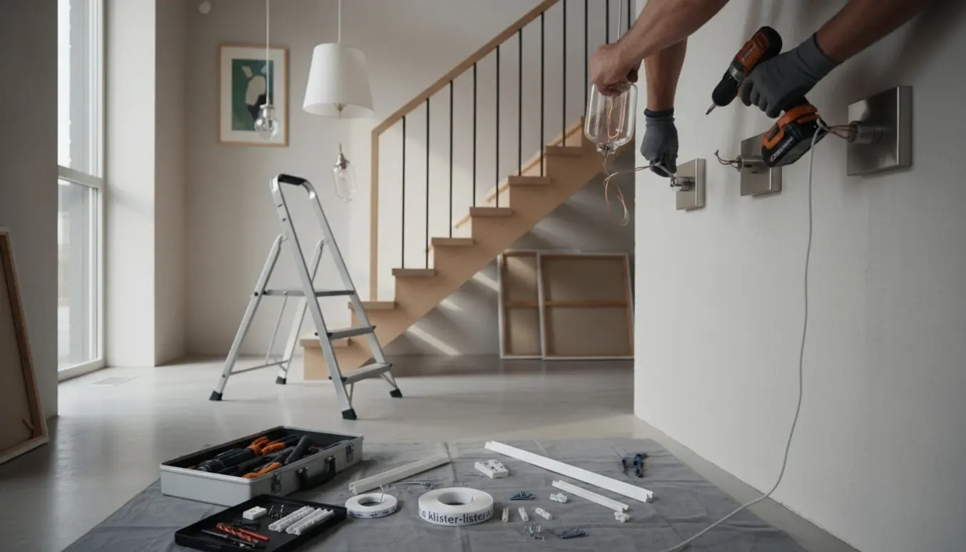 Installatør monterer pendler og væglamper over en trappe med værktøj og klister-lister klar på gulvet.