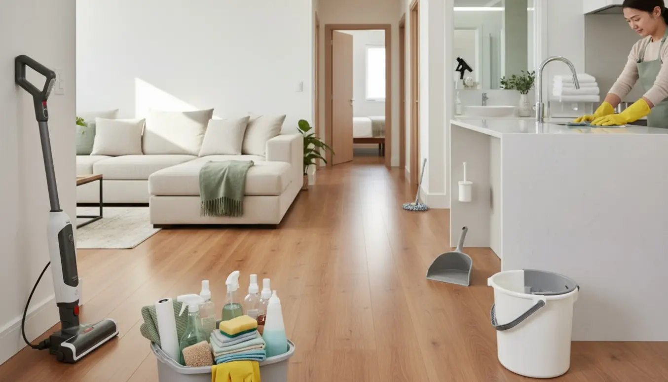 Rengøringsudstyr i forgrunden og et soloplyst, skinnende rent hjem med stue, køkken og åbne døre til soveværelser og badeværelse.