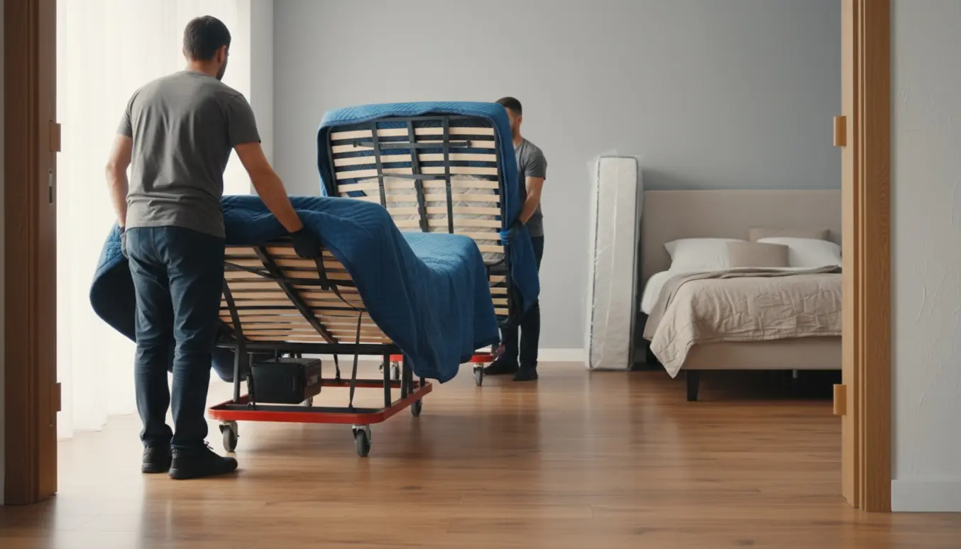 To flyttemænd bærer to elevationsbundrammer og madrasser ind i et lyst soveværelse.