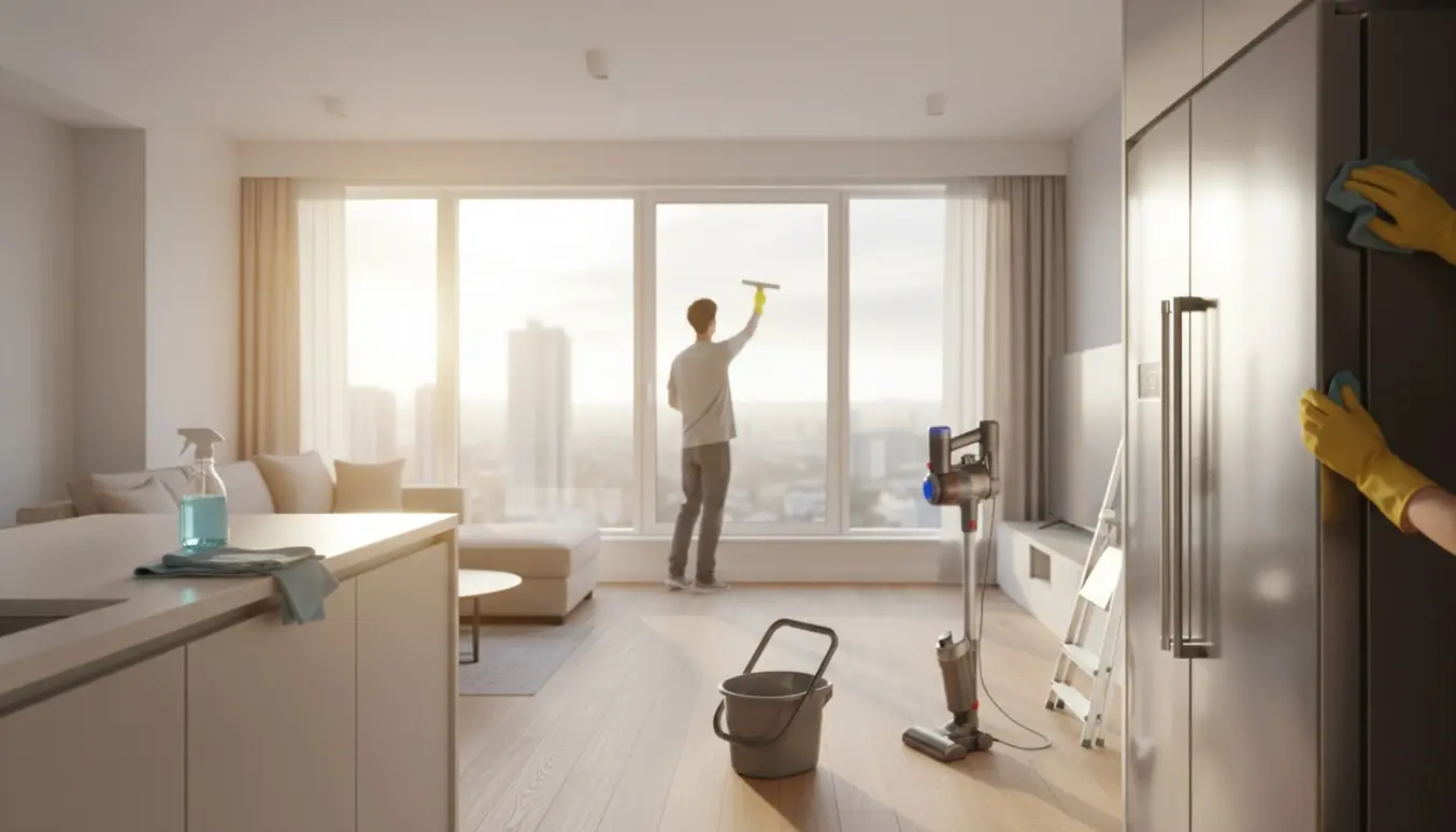 Solbeskinnet moderne lejlighed, hvor vinduer og køleskab pudses under rengøring.