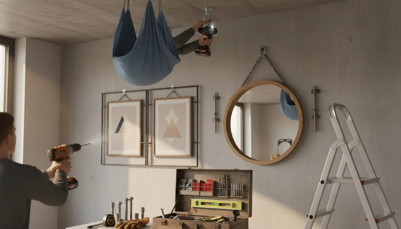 Tre billeder, et spejl og en sansegynge hænges op i beton med boremaskine, rawlplugs og værktøj.