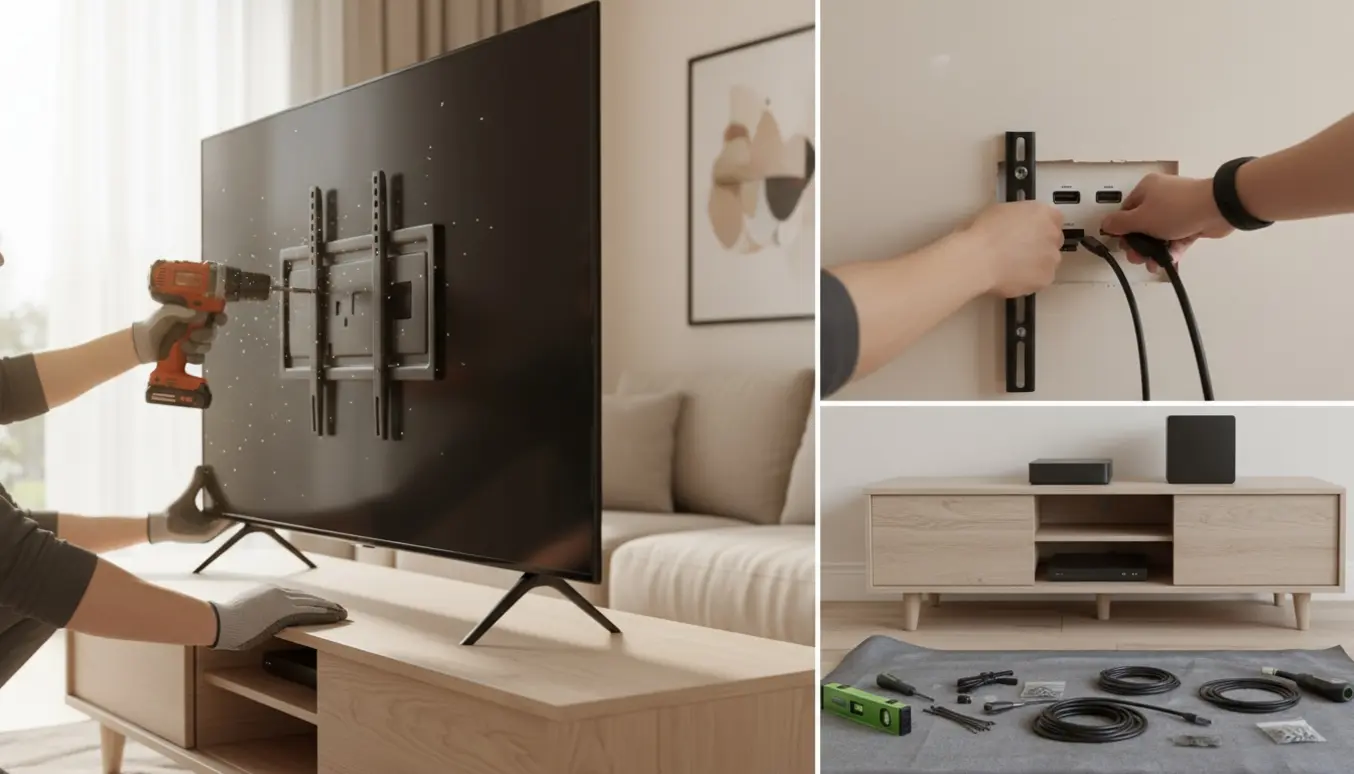 Hænder monterer et fladskærms-TV med boremaskine og tilslutter HDMI- og strømkabler i en lys stue.