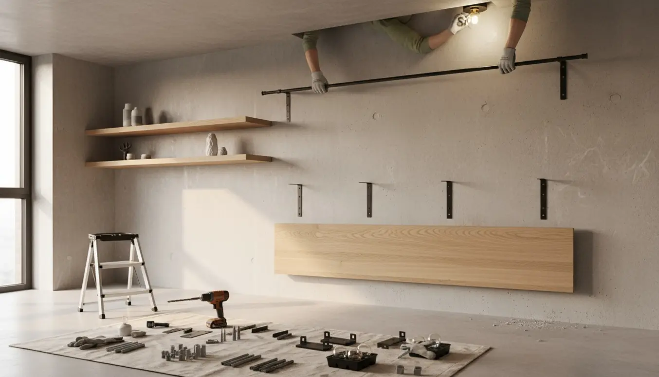 Et hjørne med to hylder under montering, gardinstang monteres i betonloft, værktøj og halogenpærer ligger klar.