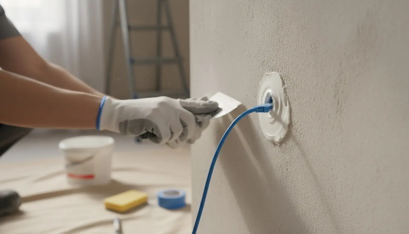 Hænder spartler hul i en væg omkring et LAN-kabel med spartelmasse og værktøj på en dækkeserviet.