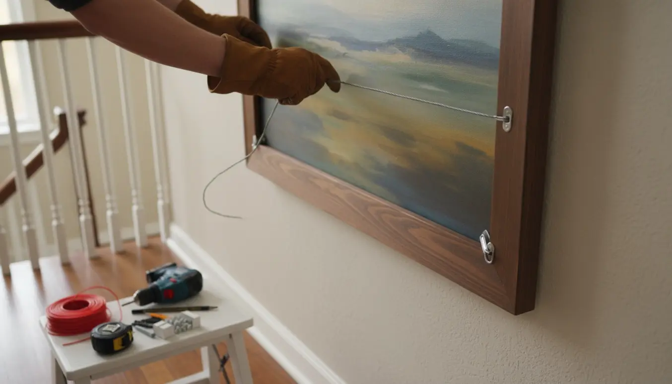 En handyman hænger et stort indrammet maleri op på en pudset væg over en trappe, mens værktøj ligger klar på reposen.