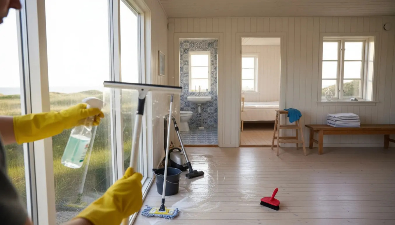 Lys sommerhusstue under hovedrengøring med moppet gulv og pudsede vinduer.