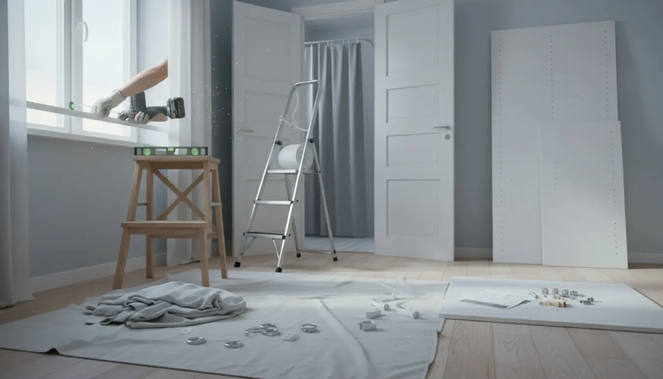 Hænder monterer gardinstang over et vindue med et delvist samlet garderobeskab og et ophængt badeforhæng i baggrunden.