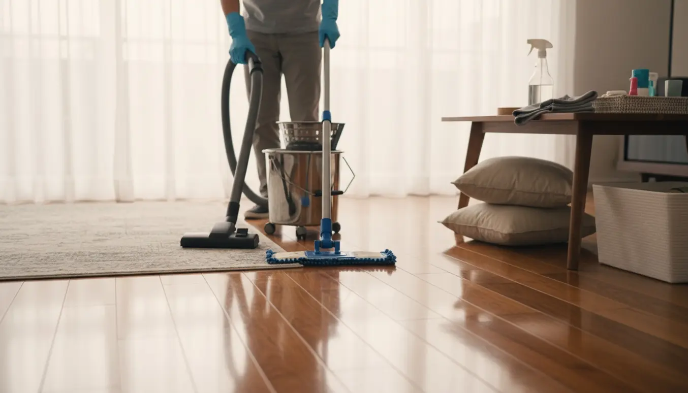 Rengøring i et lyst, moderne hjem med støvsuger og moppe, ansigt ikke synligt.