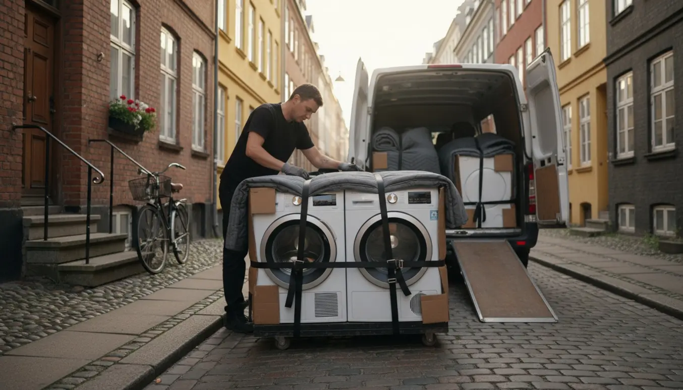 Vaskemaskine og tørretumbler læsses på varevogn på en Nørrebro-gade klar til bortskaffelse.