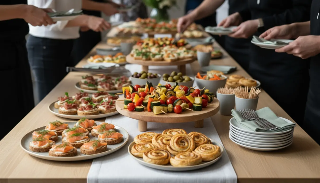 Diskret buffet med salte småretter på fade til en begravelsesreception i dæmpet naturligt lys.