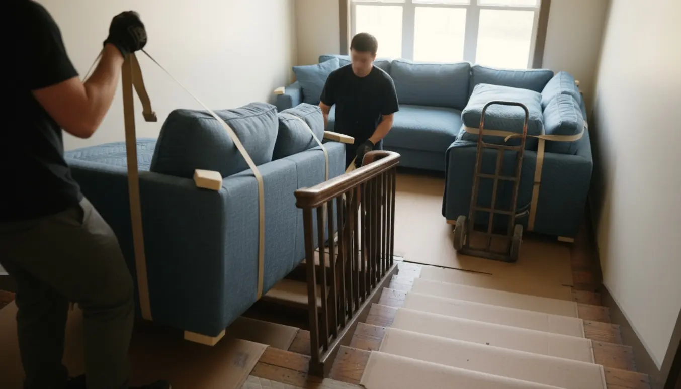 Syv sofamoduler bæres op ad en lejlighedstrappe med flyttetæpper og udstyr, mens arbejdstagernes ansigter er skjult.