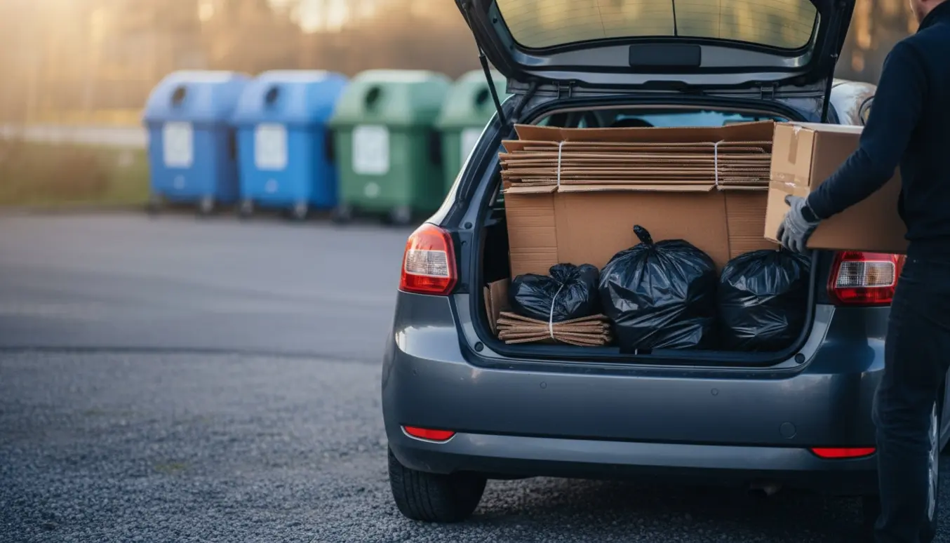 Åben bagagerum med sammenfoldet pap og sorte sække ved en genbrugsstation.