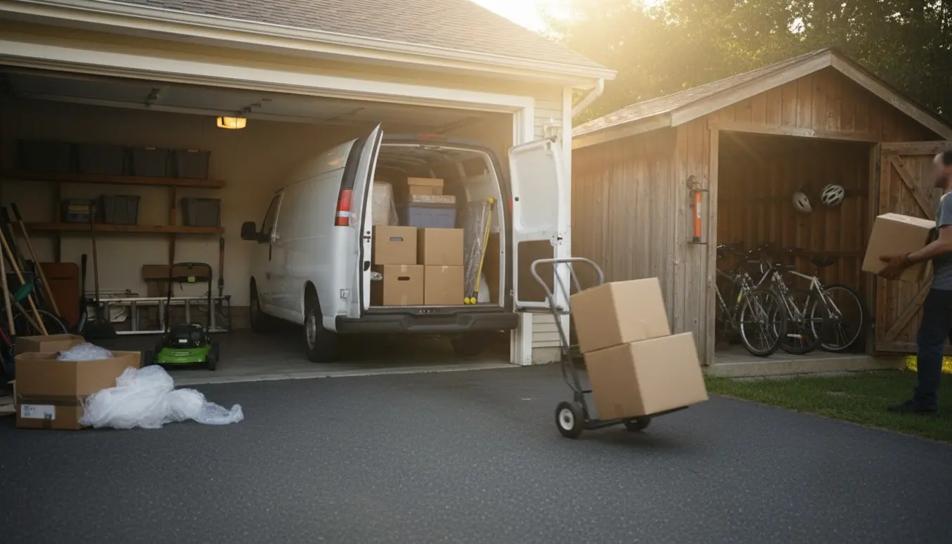 Åben garage og cykelskur tømmes, kasser, møbler og cykler læsses ind i en varebil.