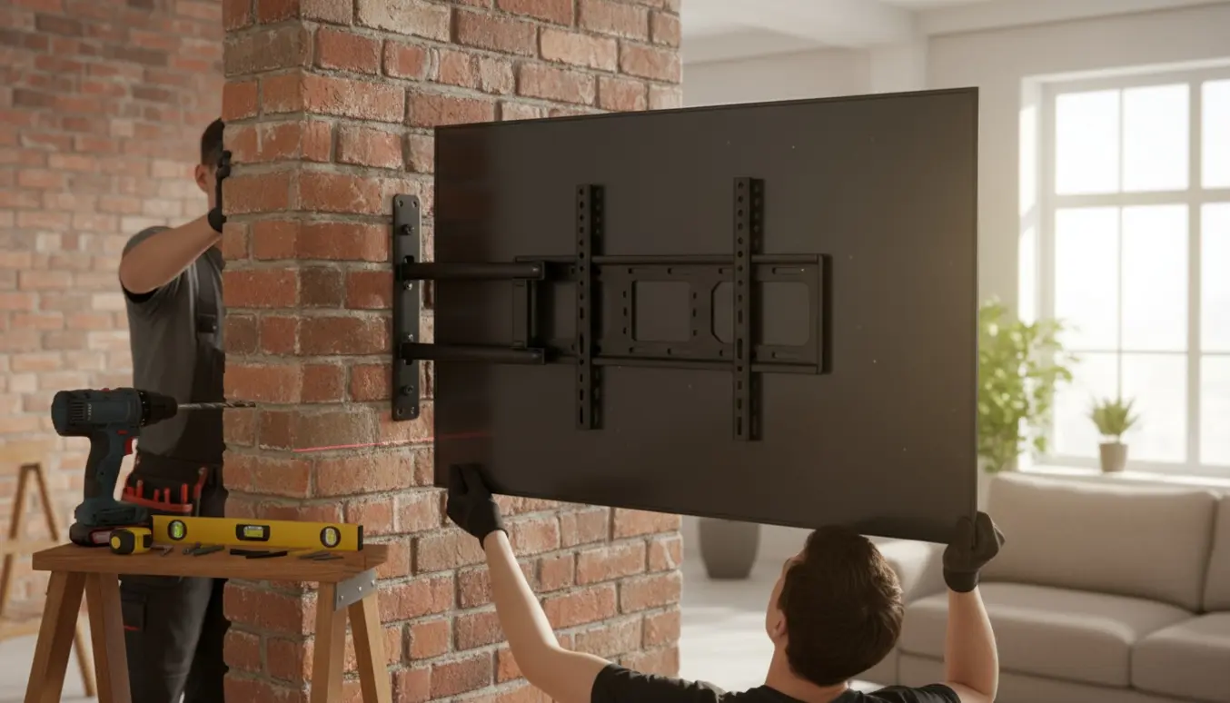 Et stort fladskærms-tv monteres på en indendørs murstensvæg, mens hænder justerer vægbeslaget.
