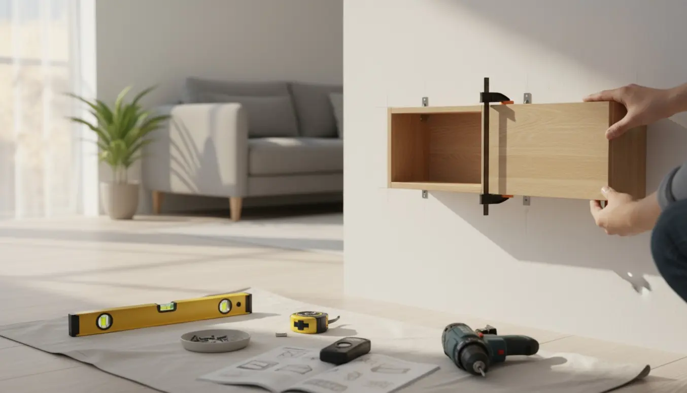 To-moduls reol bliver monteret på væggen, hænder justerer en frontplade med værktøj ved siden af.