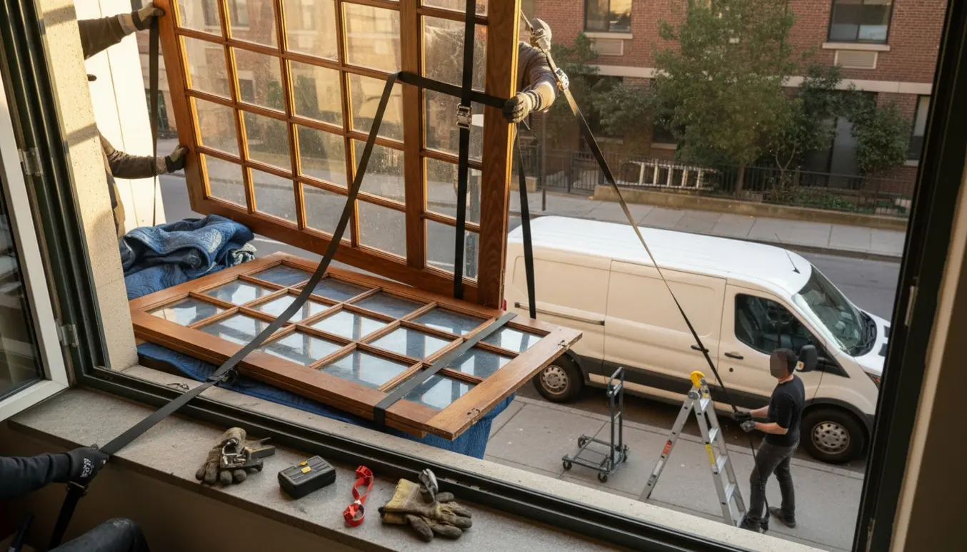 To store skabslåger i træ og glas bæres ud gennem et vindue på anden sal med flyttetæpper og stropper.