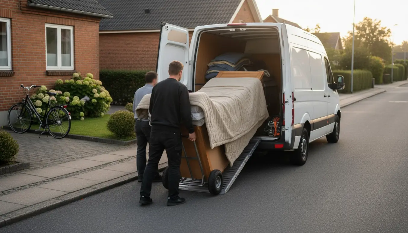 En seng bliver løftet ind i en flyttevogn på en stille boligvej, med dolly, tæpper og stropper i brug.