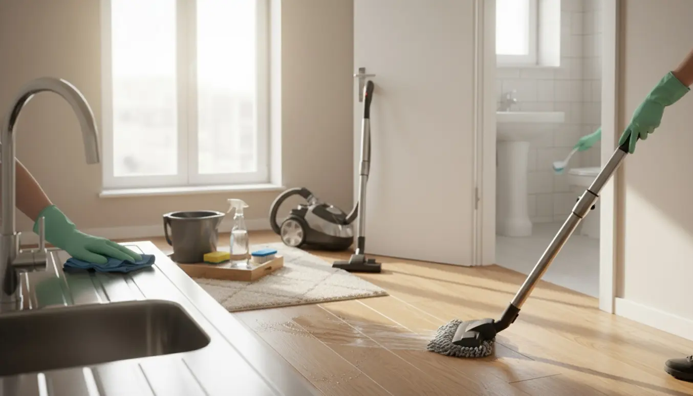 Dybt rengjort toværelses lejlighed med gulvvask, støvsuger og rengøringsredskaber.