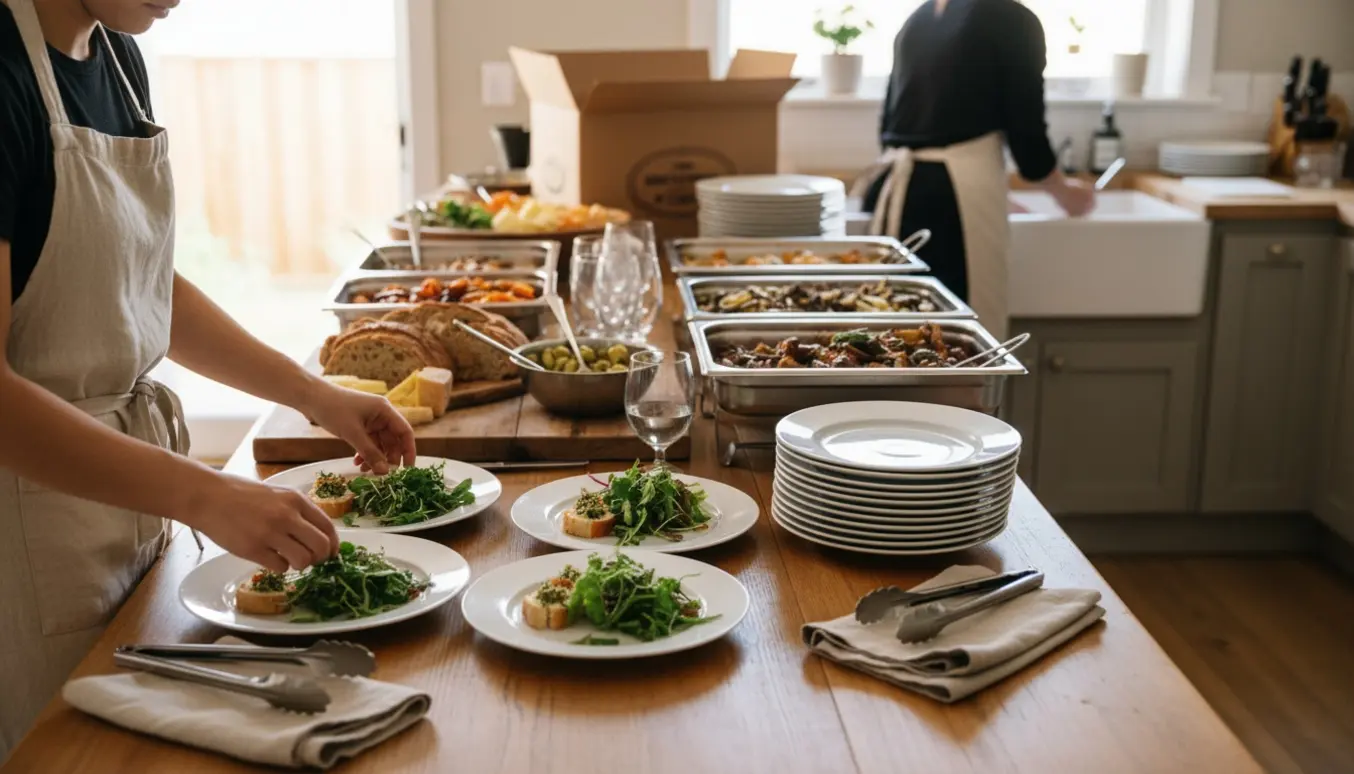 Hænder anretter forretter ved et bord, mens buffet og opvask forberedes til en uformel fødselsdag.