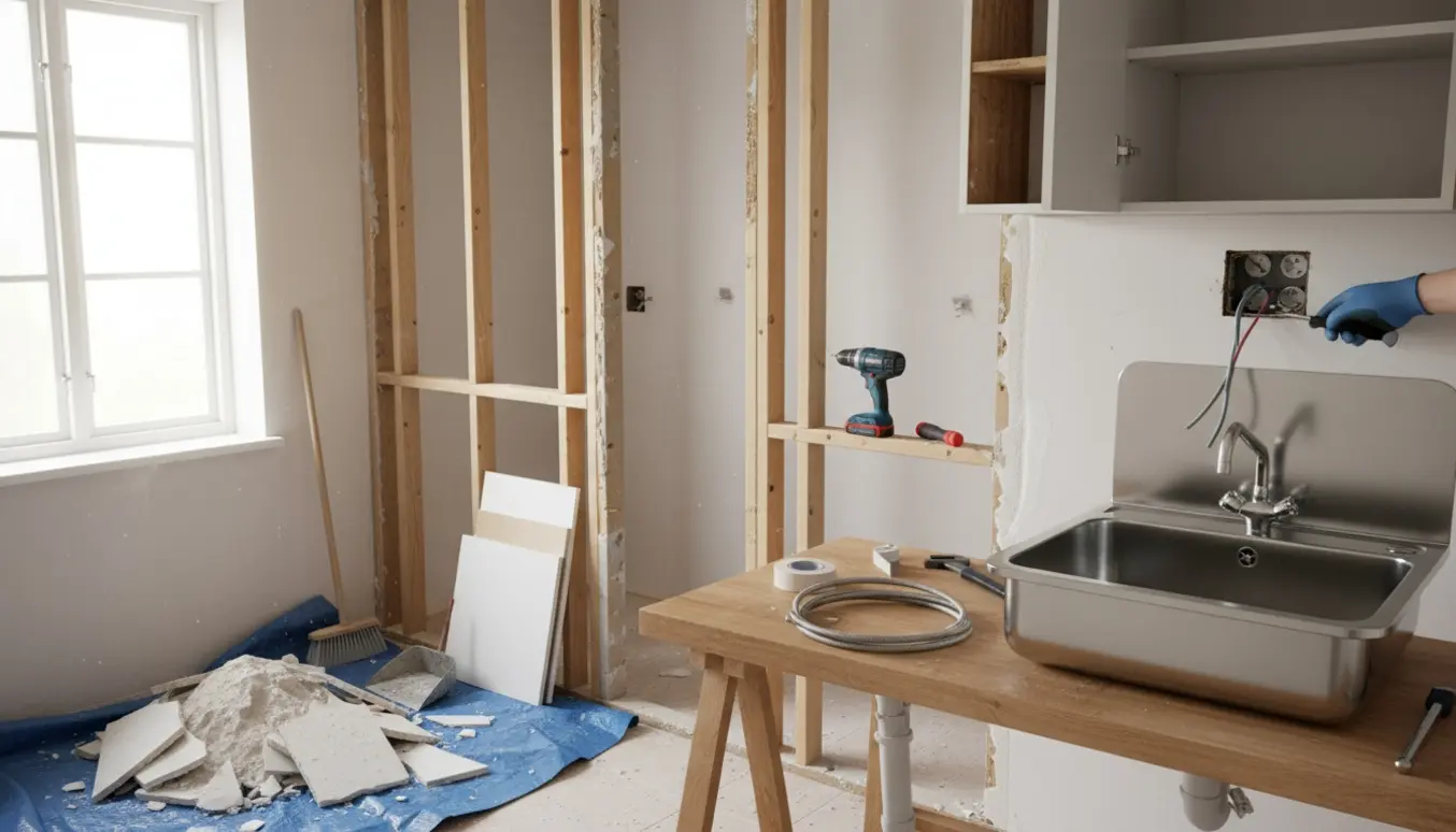 Renoveret køkken med fjernede skillevægge og køkkenelementer, en udslagsvask klar til opsætning og en bunke byggeaffald.