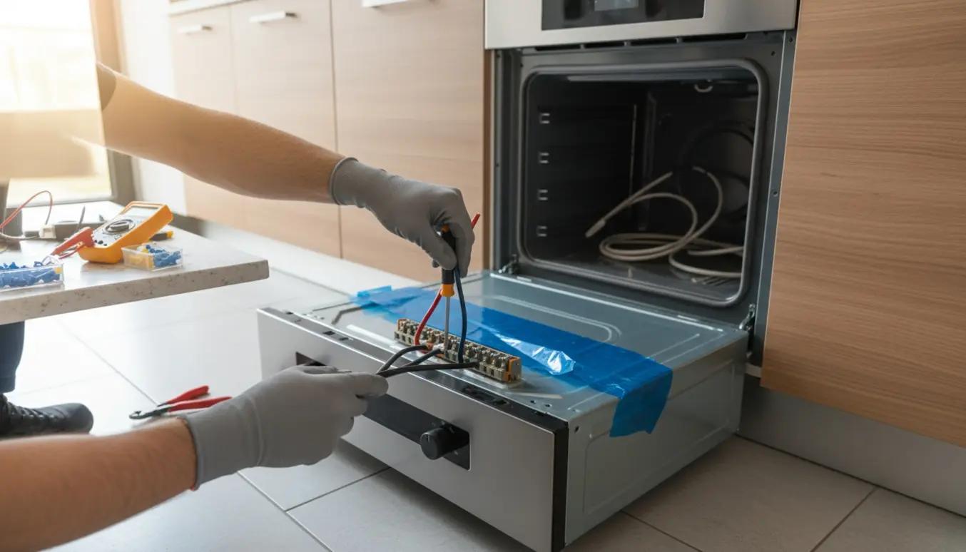 Udskiftning af indbygningsovn i et moderne køkken med hænder, der tilslutter kabler til ovnens terminalblok.