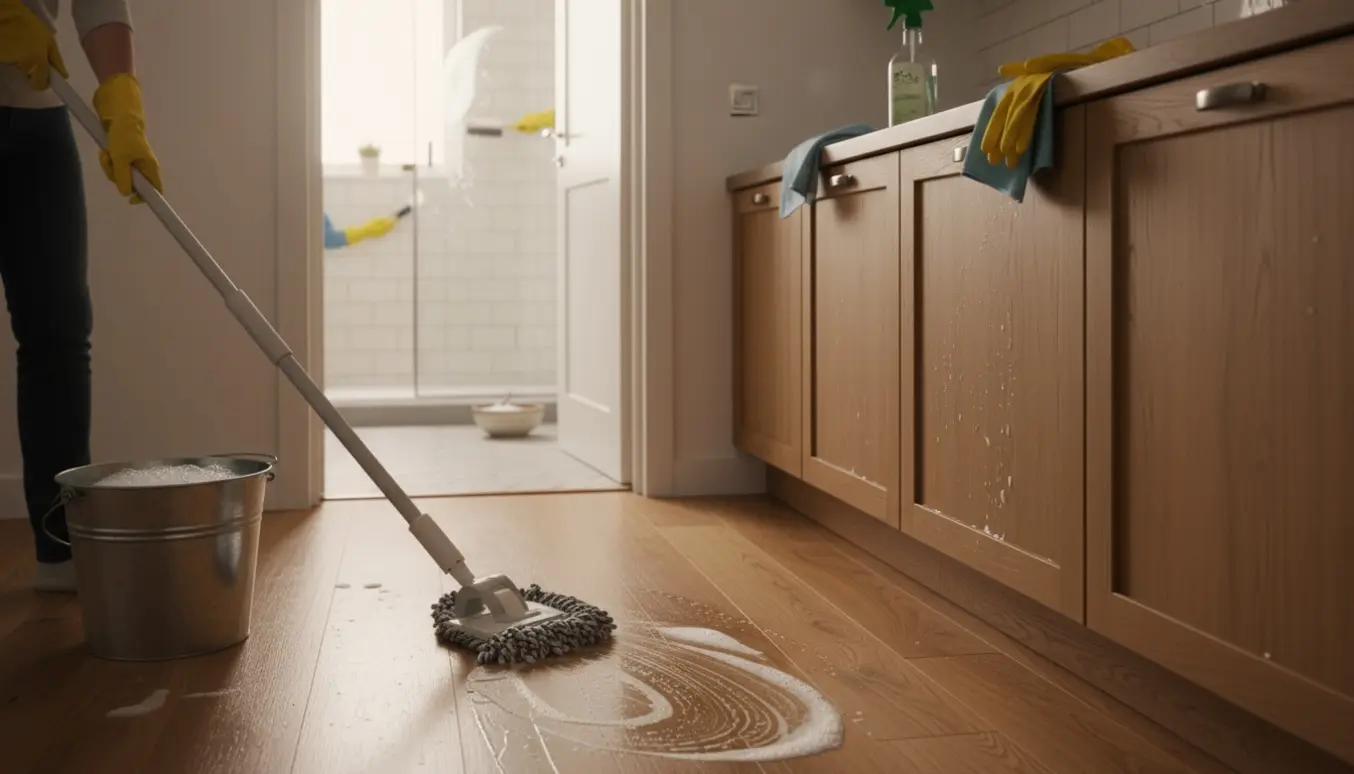 Lyse, realistiske billeder af rengøring i køkken og badeværelse med moppede trægulve og rengøringsredskaber.