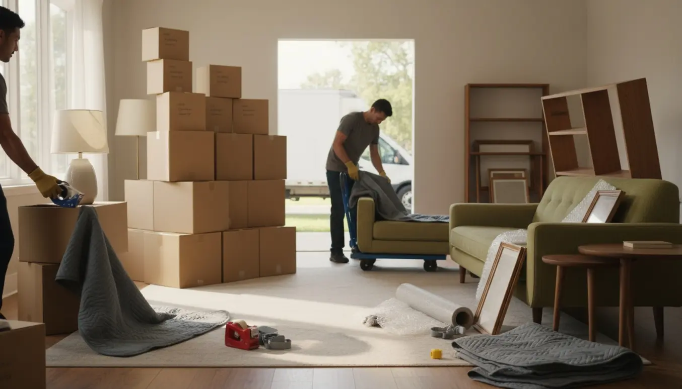 Flyttefolk rydder møbler og ca. 20 flyttekasser fra et dødsbo i en soloplyst stue.