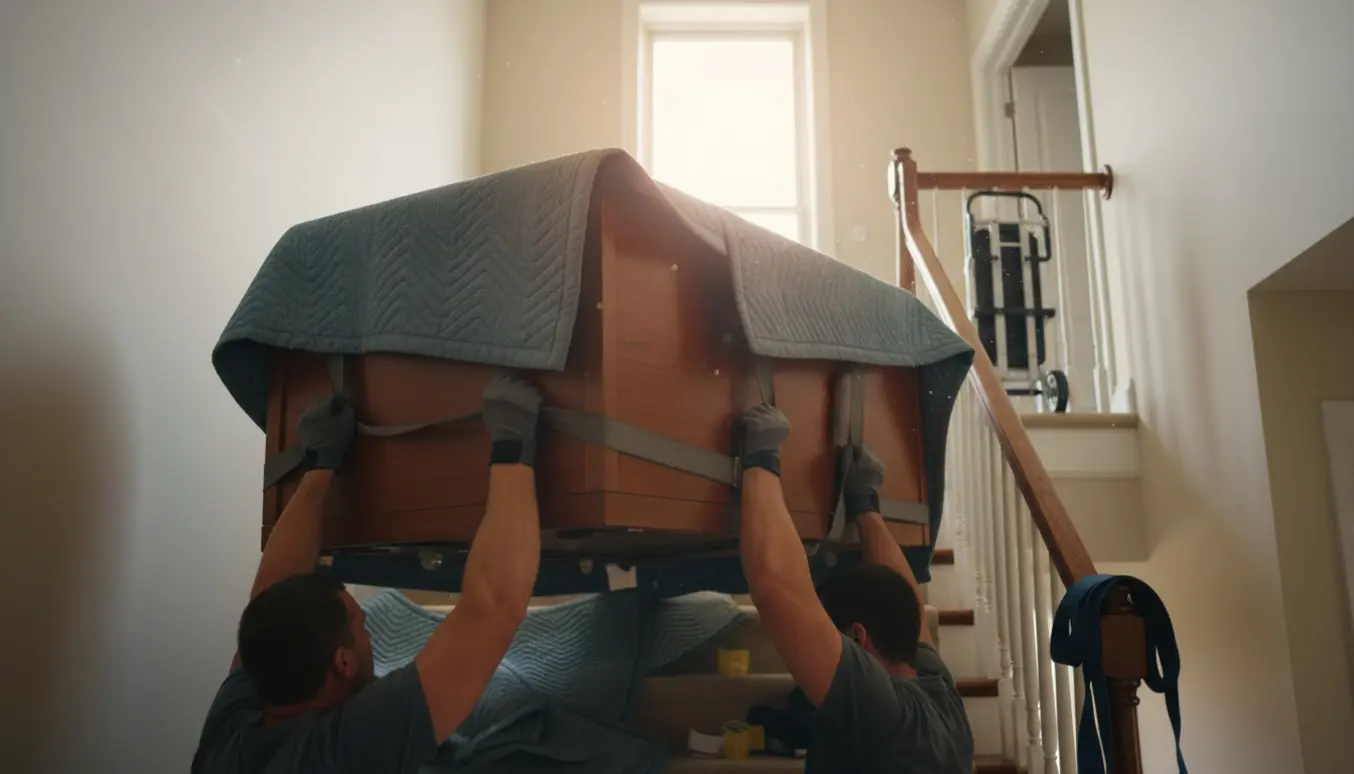 To personer løfter et mindre klaver op ad en trappe med flyttestropper og tæpper i naturligt lys.