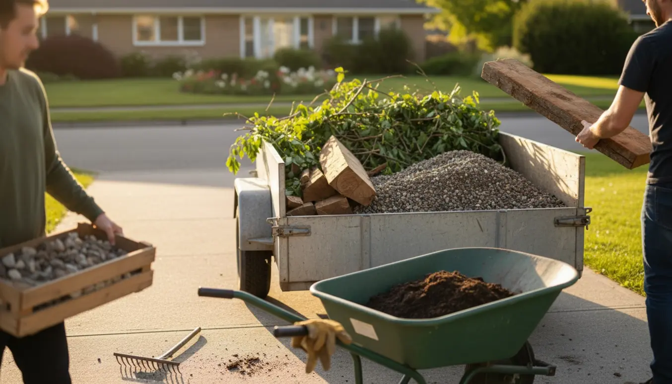Trailer og trillebør læsses med haveaffald, træværk og sten i en solrig indkørsel.