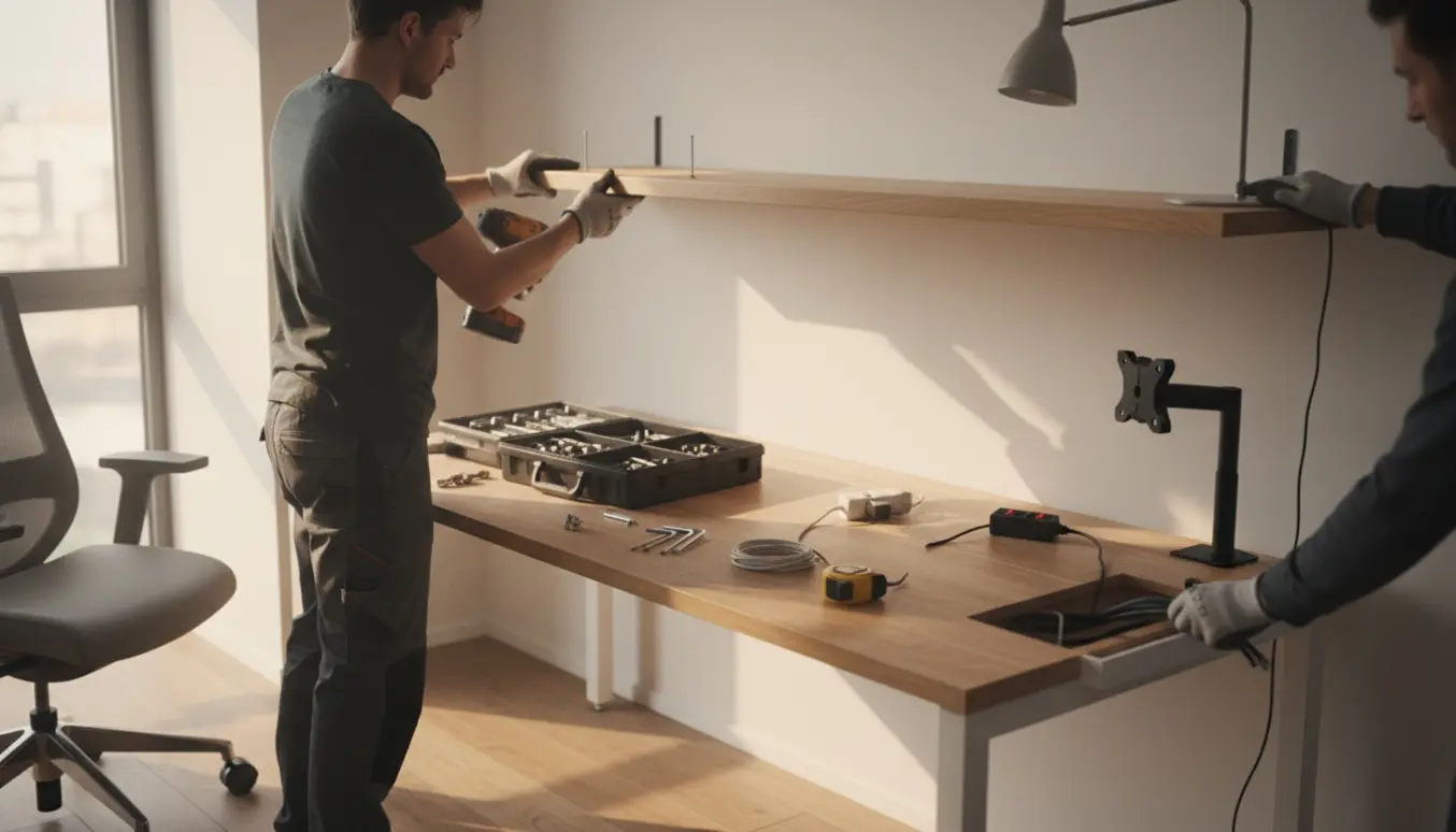 En handyman sætter hylde og skrivebord op i et lyst kontor; kun hans hænder og ryg er synlige.