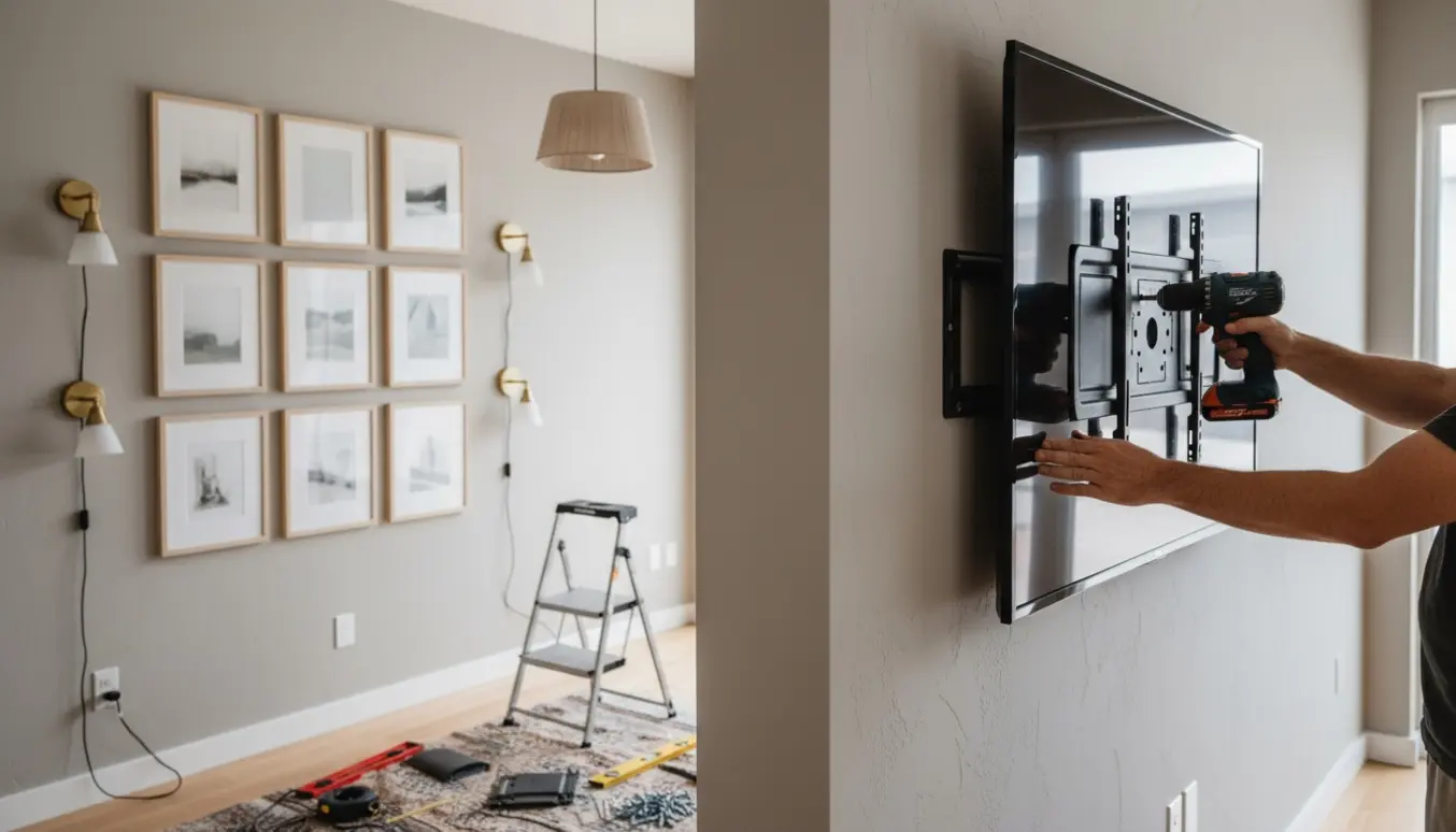 Håndværker monterer et stort TV, billeder og væglamper i en lys stue.
